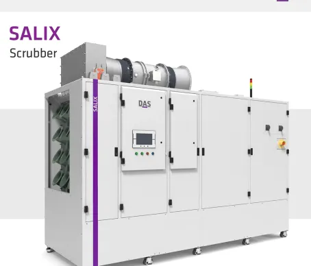 The image features a high-flow wet scrubber unit labeled "SALIX" by DAS Environmental Experts, showcasing a modern, industrial design with control panels and ventilation components.