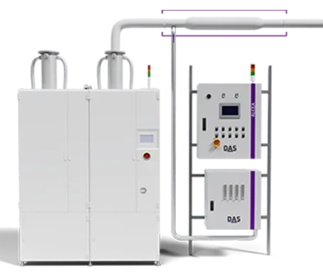 Two control boxes stacked one on top of the other, each with control panels, for a production environment, next to a white industrial cabinet. On top of the control boxes is an exhaust air duct with an integrated device.