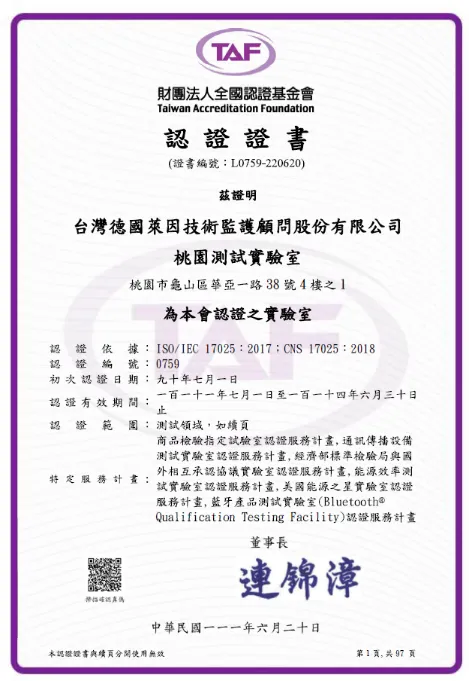 ISO 17025實驗室認證證書