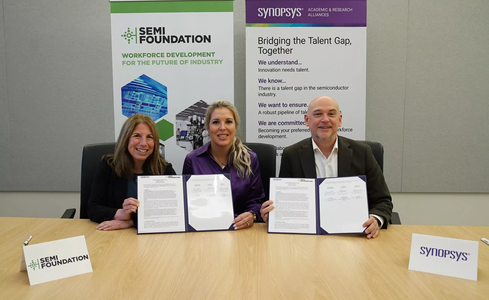  (L-R) SEMI Vice President of Global Workforce Development & Initiatives Shari Liss, Synopsys Director of Workforce Development and SEMI Foundation Board of Trustees Member Katy Crist and Synopsys Academic & Research Alliance (SARA) Executive Director Dr. Patrick Haspel signed the Memorandum of Understanding (MoU) on Thursday, Jan 16, 2025 at Synopsys Corporate Headquarters in Sunnyvale, Calif.